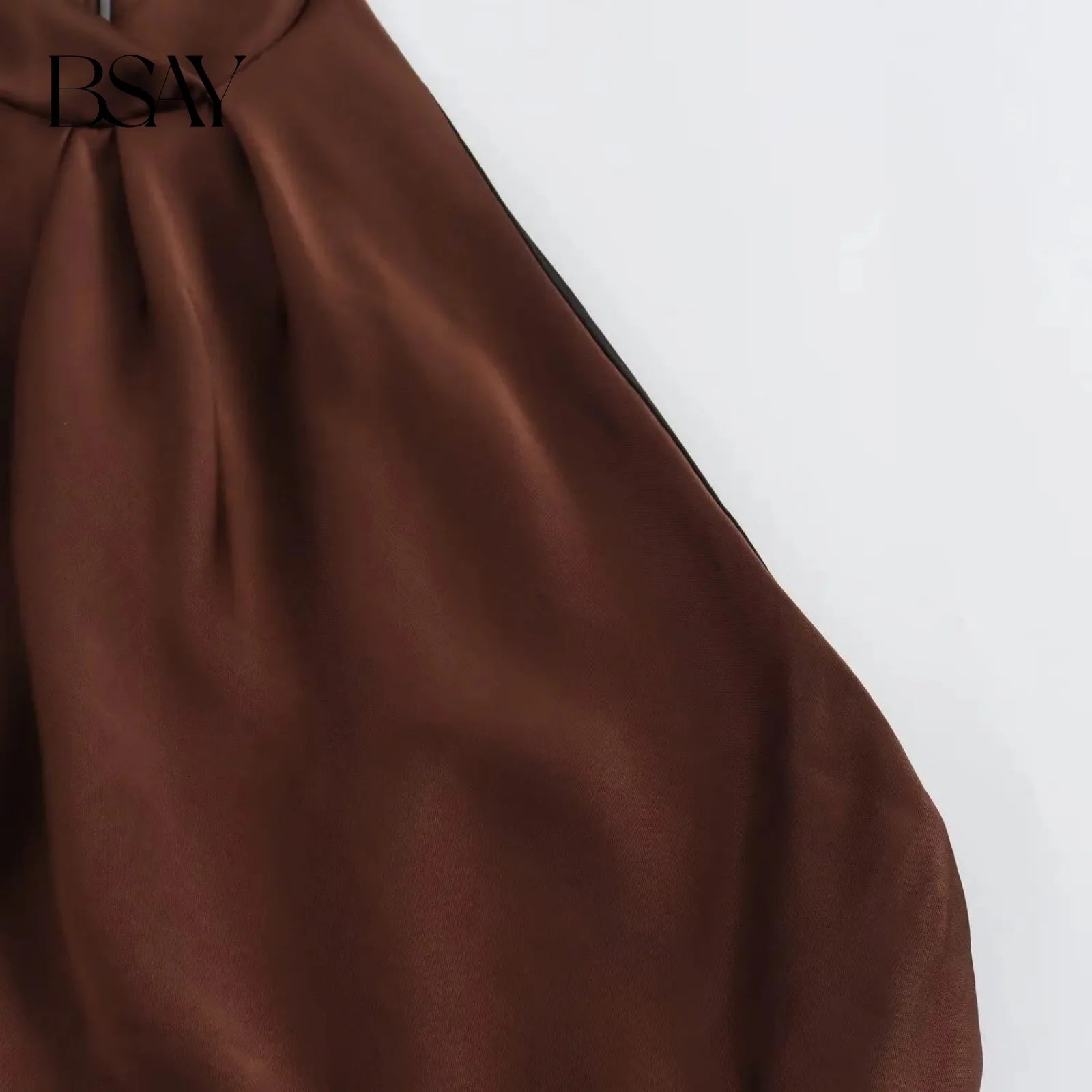 BSAY 女性ファッション夏の新サテンテクスチャノースリーブホルターセクシーな背中の開いたロングドレスシックな女性ヴィンテージブラウンイブニング