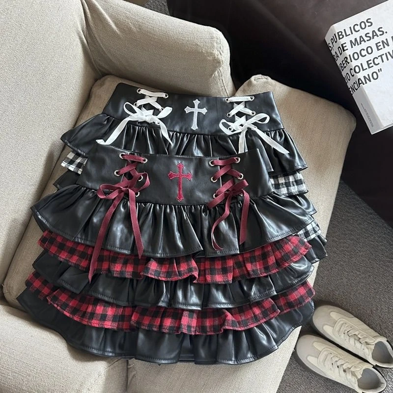 

Japanese Vintage Subculture Punk Mini Skirt Women Y2K High Waist Embroidery Bow Leather Skirt Sweet Cool Girl Plaid A Line Skirt