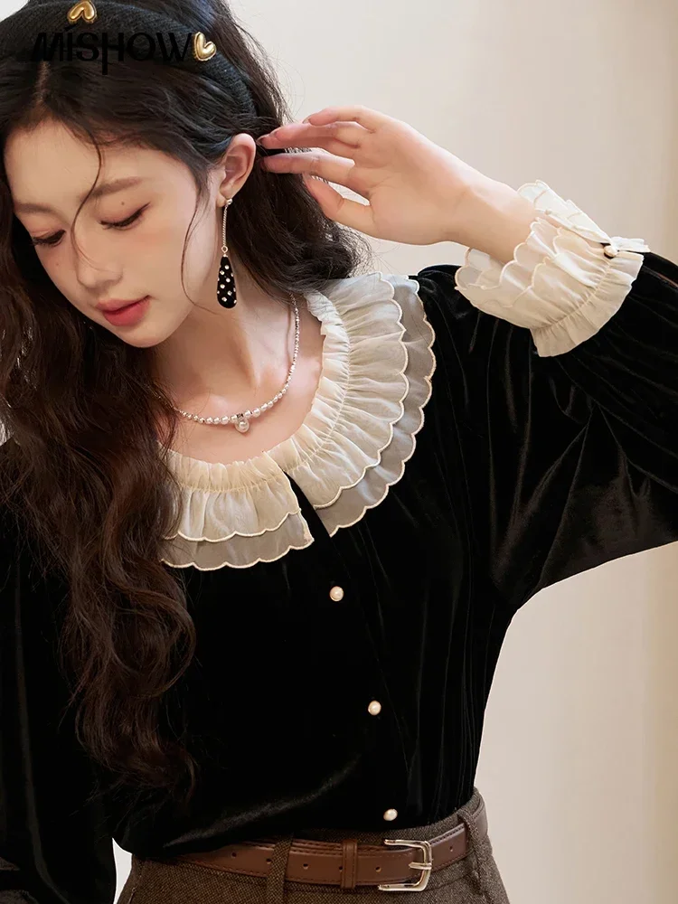 MISHOW French Retro Velvet Blouses for Women 2024 Autumn Winter Button Down O Neck Korean Long Sleeve Shirt Tops MXC51X1323