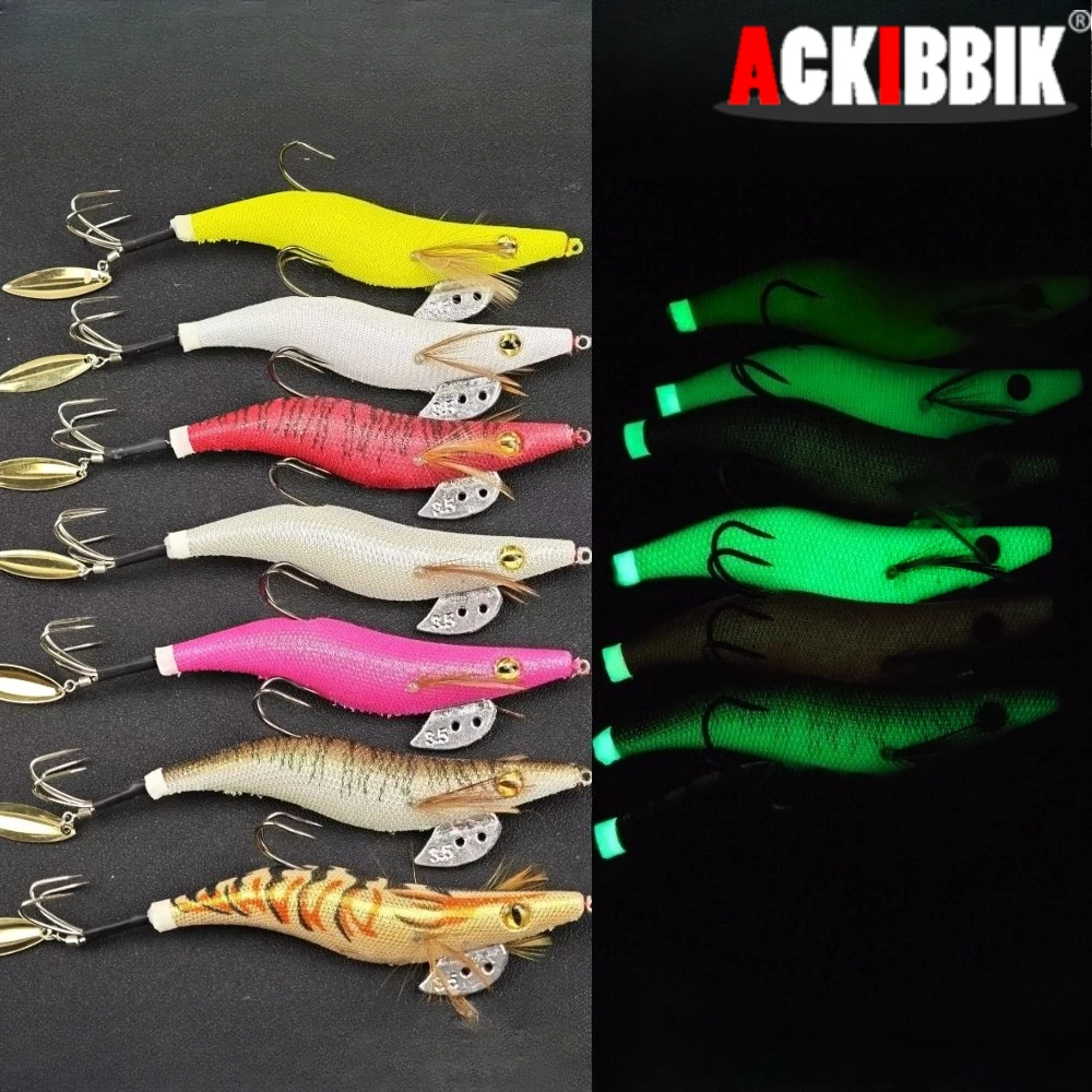 Señuelo de pesca Egi Squid Jig con hoja giratoria Willow, doble anzuelo, señuelo luminoso de camarón de madera para pesca nocturna en agua salada de calamares y sepias