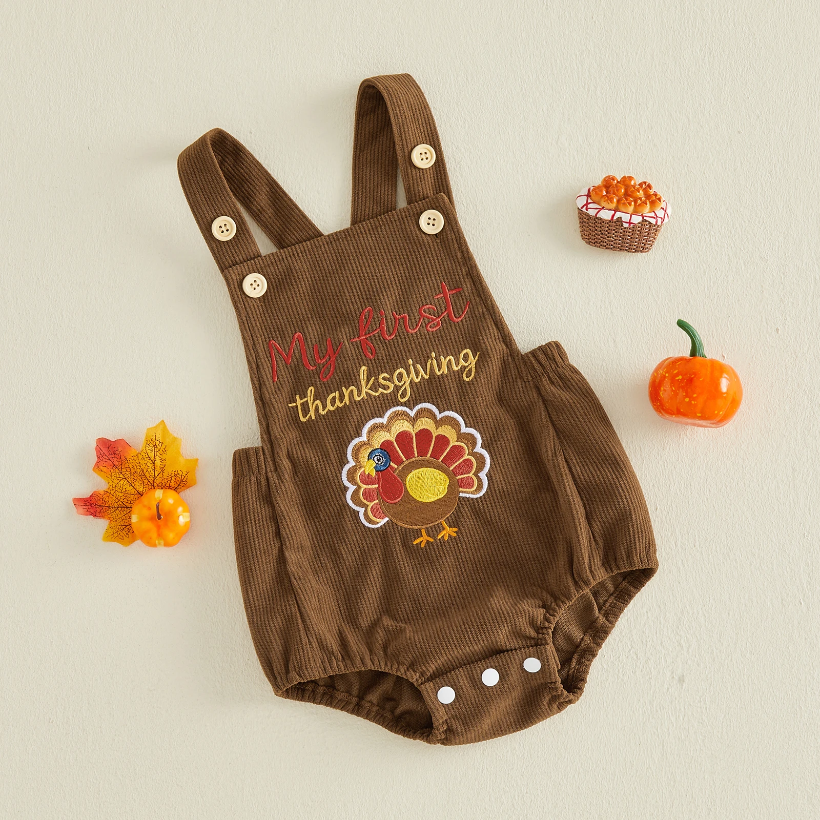 Baby Thanksgiving Romper Turkey/Croissant Embroidery Sleeveless Bodysuit Newborn Baby Corduroy Overalls Clothes