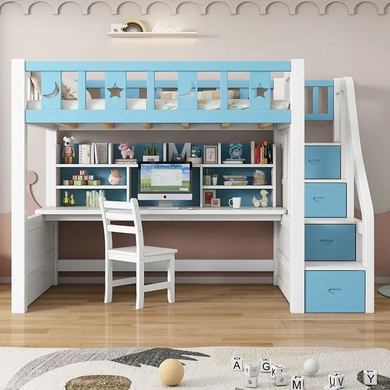 Sturdy Bunk Bed with Integrated Desk Upper and Lower Double Deck for Adults and Children Space Saving High Low Loft Bed Frame