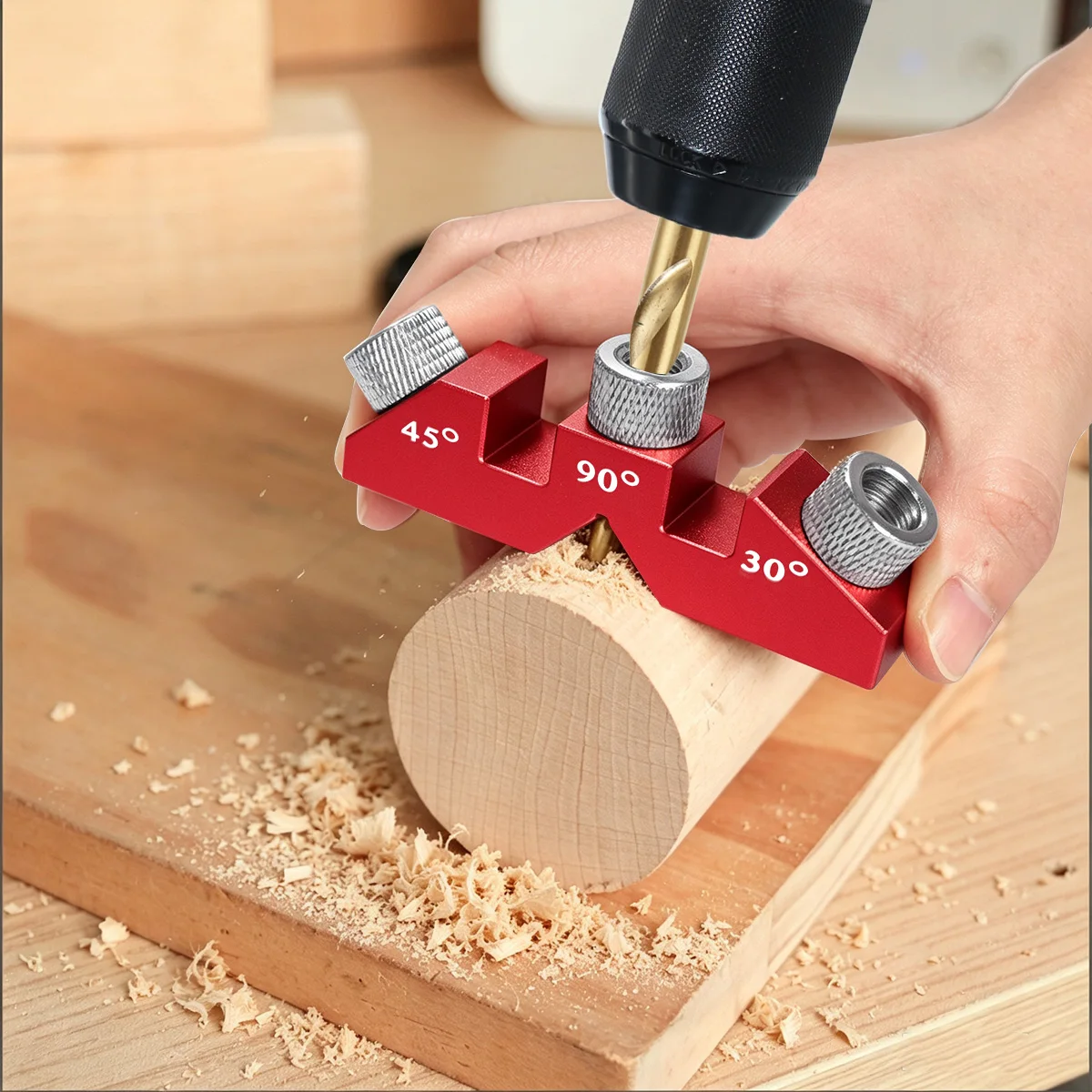 30/45/90 ° Holzbearbeitungs-Bohrschablone, Mehrwinkel-Lochstanzer, Vertikaler Schrägbolzen-Bohrer, Aluminiumlegierung, DIY-Werkzeug für Holz – Detail 5