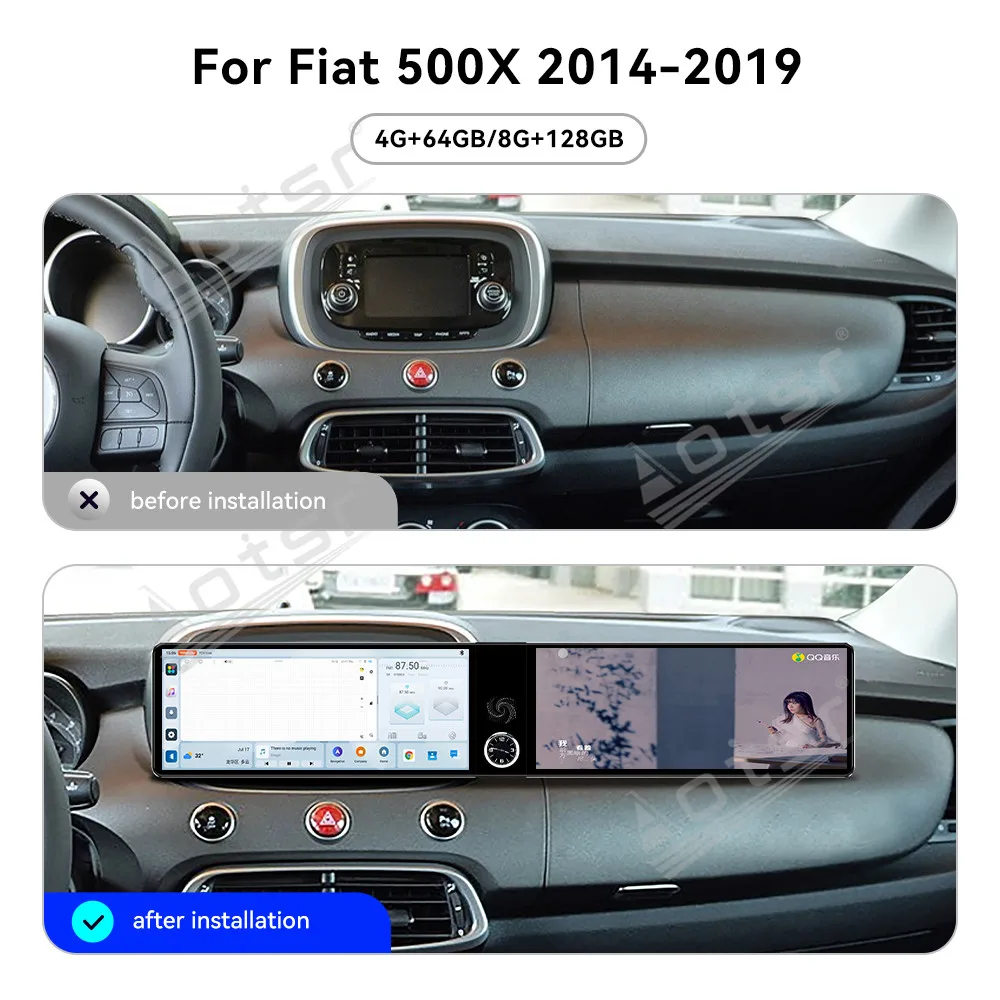 

12.3-дюймовый двойной сенсорный экран для Fiat 500X 2014-2019, Android 13, Plug & Play, Carplay, GPS-навигация, мультимедийный проигрыватель, стереосистема, головное устройство