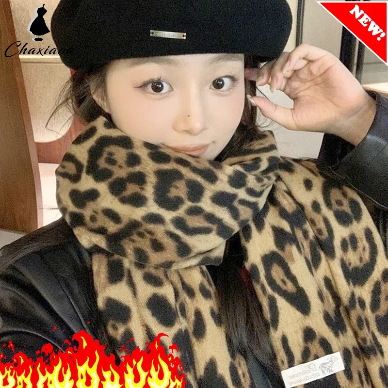 Winter Warm Scarf for Women, Imitation Cashmere Tassel Thick Leopard Print Scarf Retro Millennium Leopard-print Fringed Scarves