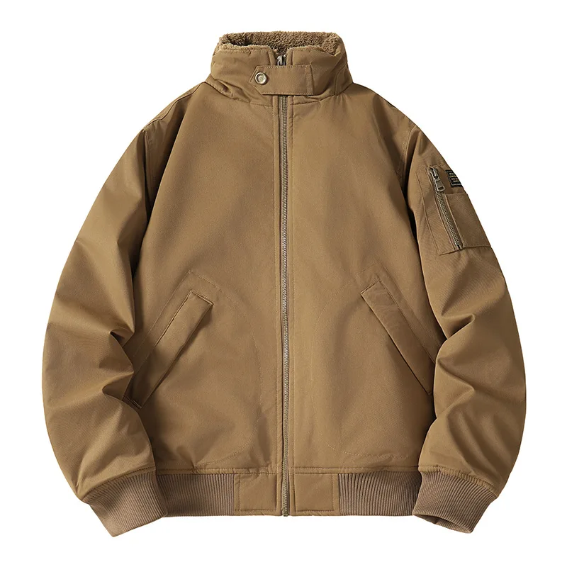 Mens Military Style Bomber Jacket Sherpa Lined Collar Stand Collar Zip Front Multi Pocket Loose Fit Vintage Winter Outer Coat