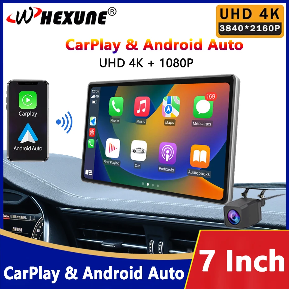 

7" 4K Car DVR Wireless Carplay & Android Auto WiFi Bluetooth AUX Dash Cam Camera GPS Navigation Dual Recording Video Recorder