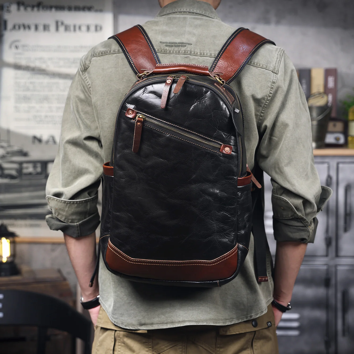S.WORKER Herren-Rucksack aus echtem Leder, hochwertiges Rindsleder, lässige Schultaschen, 15"-Laptop-Taschen, Reise-Tagesrucksack, Geschenk für Männer – Detail 3