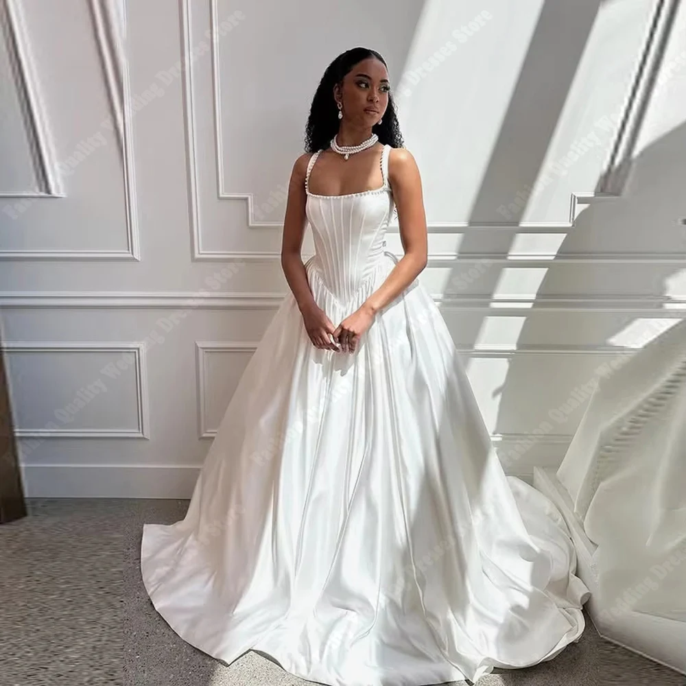 

Классическое длинное свадебное платье трапециевидной формы с квадратным воротником без рукавов на тонких бретельках, свадебное платье невесты, Robe De Mariee ﻿ Индивидуальный