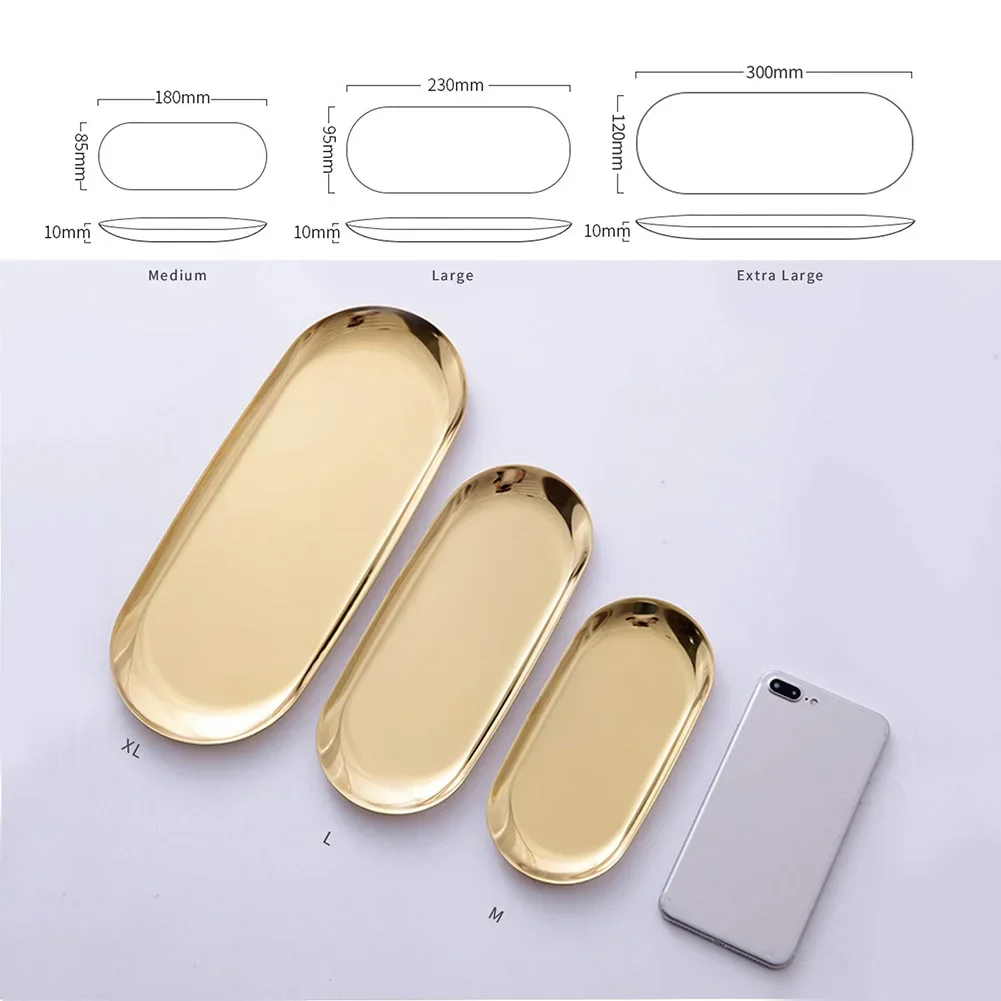 

1pc Stainless Steel Oval Tray Kitchen Plate Dish Storage Tray Tea Fruit Cake Bread Tray Cosmetics Jewelry Plate Gold
