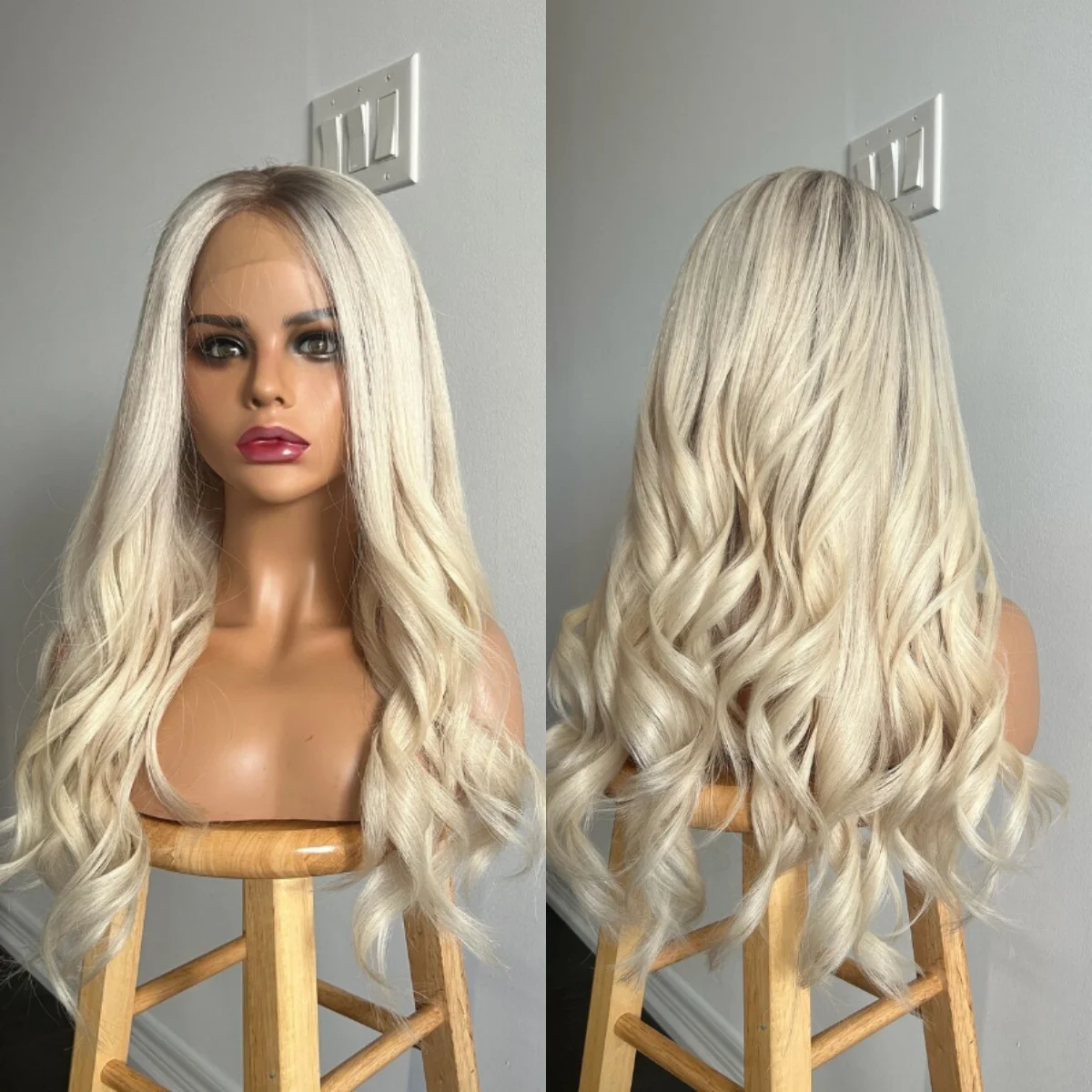 

Длинный объемный волнистый синтетический парик спереди, белый блондин с темными корнями, мягкий парик без узлов для женщин, повседневное использование для вечеринок, распродажа