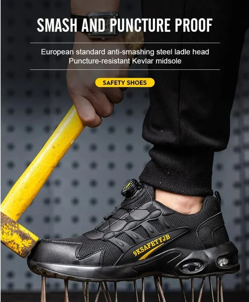 

Мужская защитная обувь с вращающейся кнопкой, рабочие кроссовки со стальным носком, неразрушимая обувь, устойчивые к проколам рабочие ботинки, защитная обувь на воздушной подушке