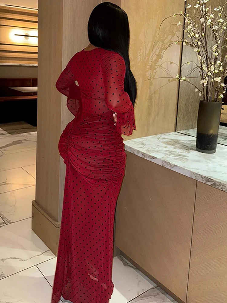 Beyprern Women's Red Polka Dot Sheer Mesh Ruched Maxi Dress Sexy Print Flare Sleeves Bodycon Evening Clubwear Gown