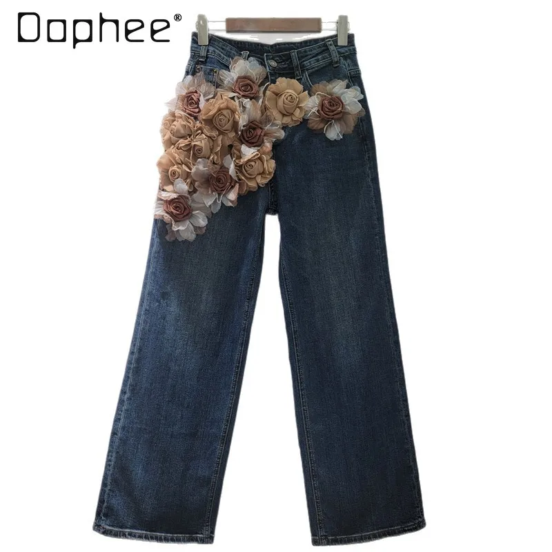 

Rose Decorated Jeans for Women Autumn New Korean Style Elegant High Waist Loose Straight Wide Leg Pants Trendy Long Pants