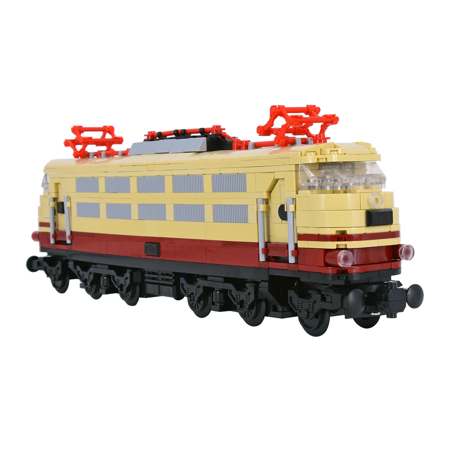 

Yellow Red Electric Locomotive Building Blocks Set - 1:32 Scale Train Model with Pantograph, Track DIY Bricks Toy Railway Fans