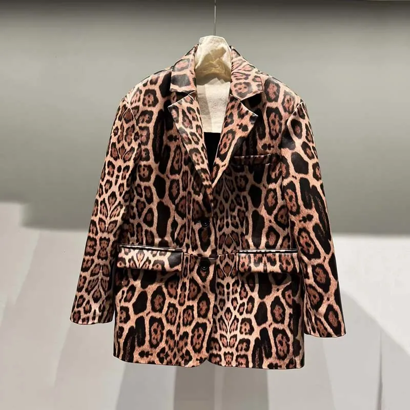 Genuine Leather Women Turn-Down Collar Clothes Leopard Print Casual Jacket Regular Length Luxury Fashion Sheepskin Coat Spring