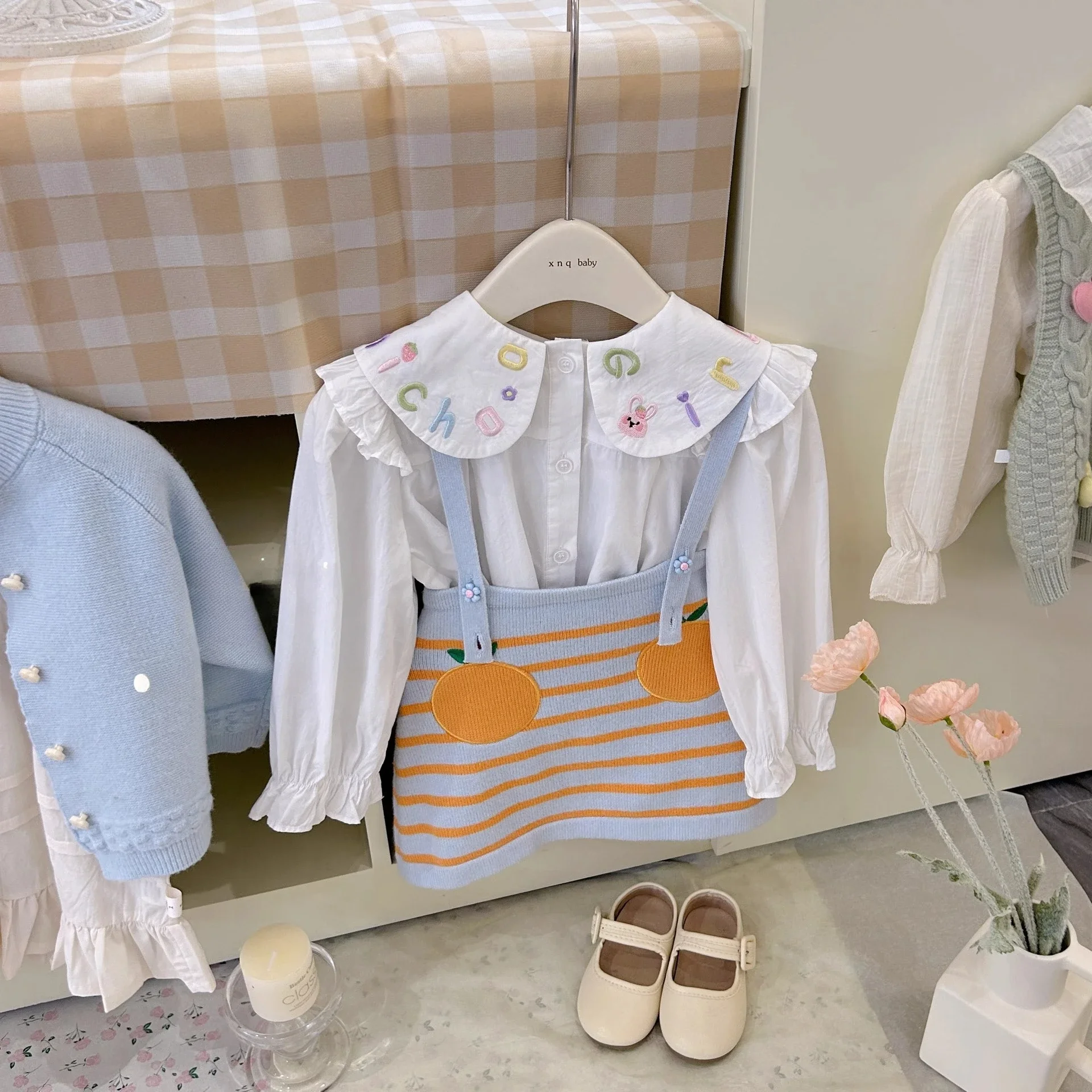 Autumn Girls Two-piece Set Letter Embroidery Peter Pan Collar Shirt+tangerine Stripe Knitted Suspenders Skirt Kids Clothes