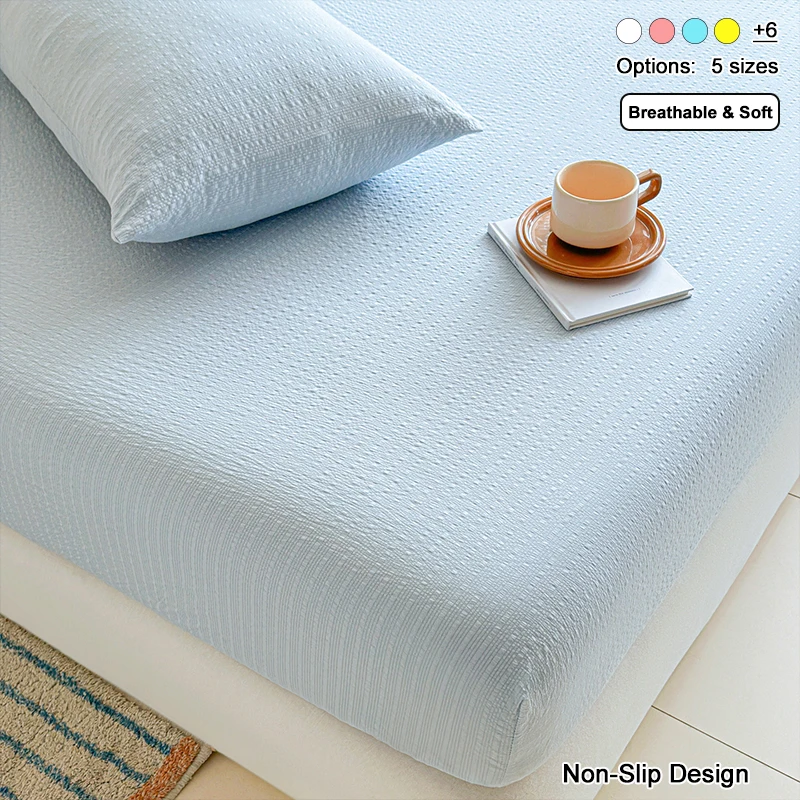 Textured Breathable Fitted Sheet, Soft Cooling Crinkle Bed Fitted Mattress Cover, Non-Slip Elastic Bed Sheet
