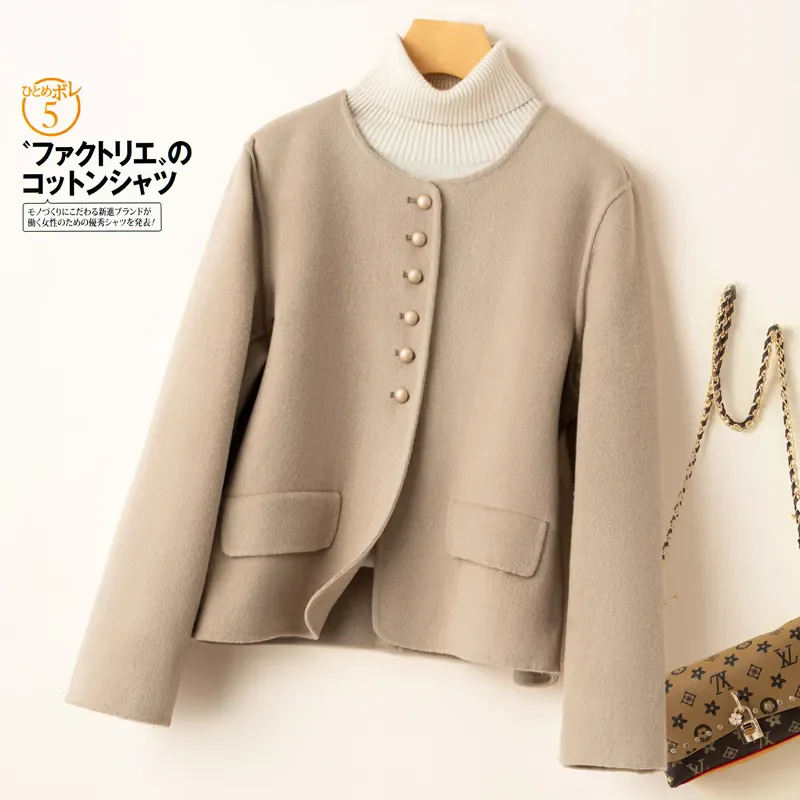 

Корейское модное двустороннее короткое шерстяное пальто, женское осенне-зимнее новое высококачественное шерстяное пальто с круглым вырезом, женская свободная верхняя одежда B1474