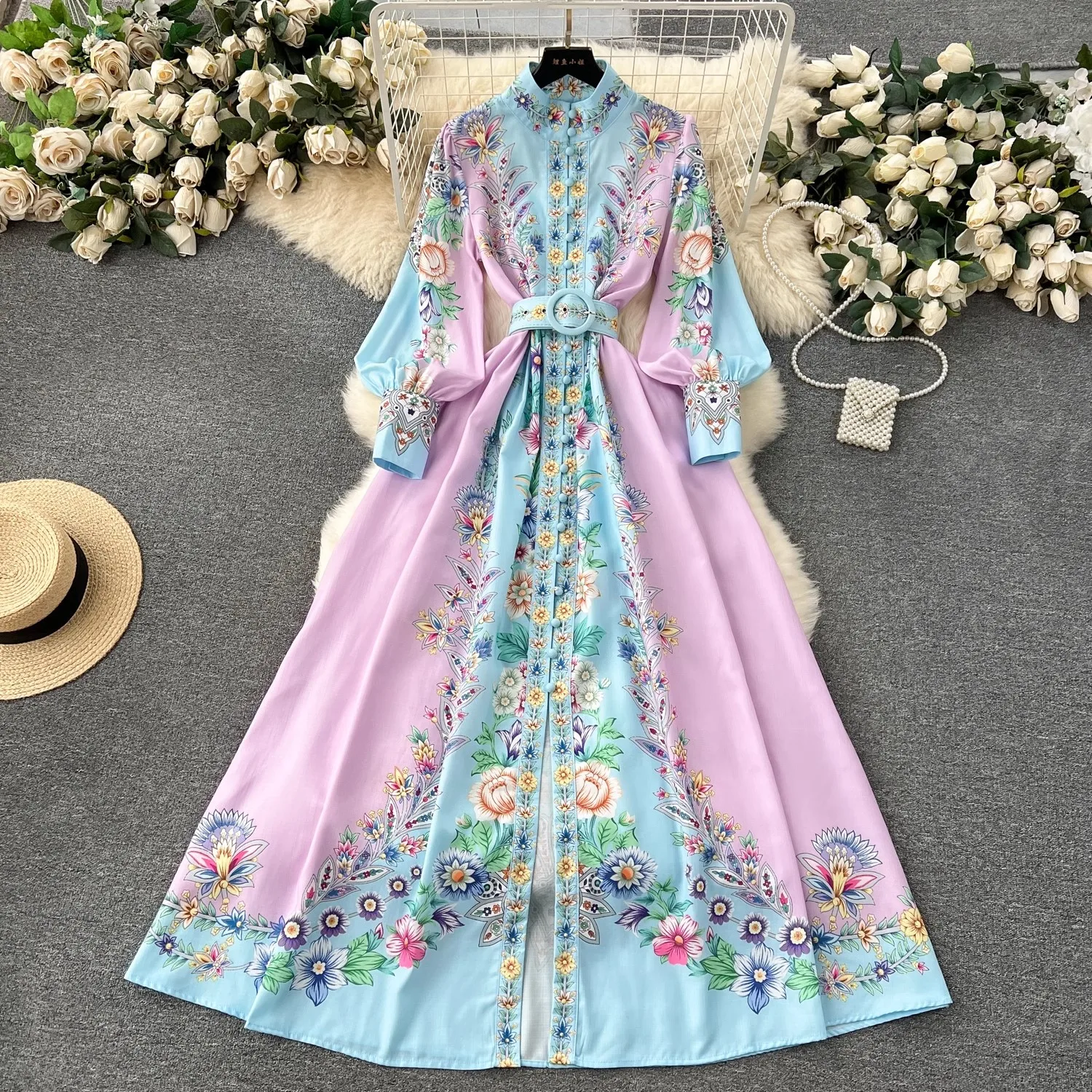 Elegant Floral Holiday Robe Dress Spring Women Long Sleeve A-Line Belt Beach Party Vestidos Buttons Down Women Maxi Clothes 6242