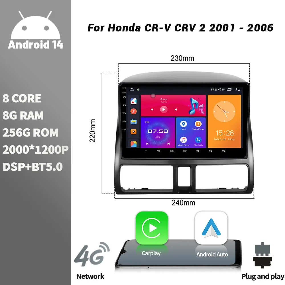 Android Bluetooth Wireless CarPlay Screen Stereo Car Radio Multimedia Player Navigation For Honda CR-V CRV 2 2001 - 2006