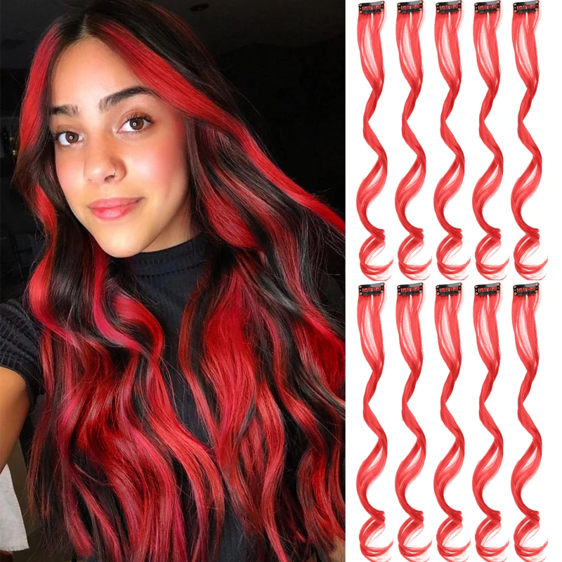 

10Pcs Wavy Colored Hair Extensions Wig 24inch Wavy Color Clip in Hair Extension Party Highlights Synthetic Hairpiece for Girls
