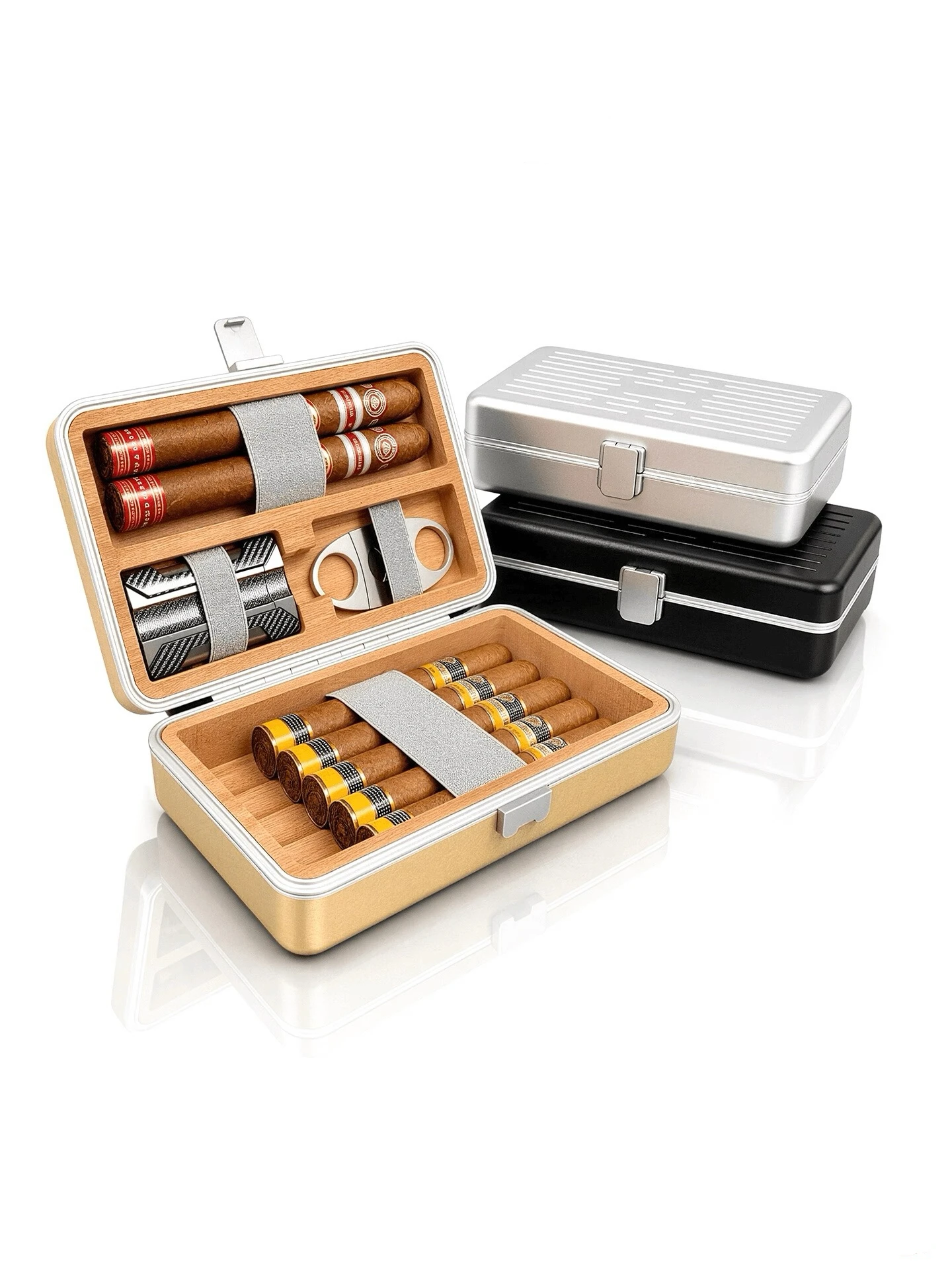 Aluminum 7-Cigar Box, 3-In-1 Sealed Waterproof Cigar Box, Cigar Cutter, Lighter, 72% Moisturizing Pack.