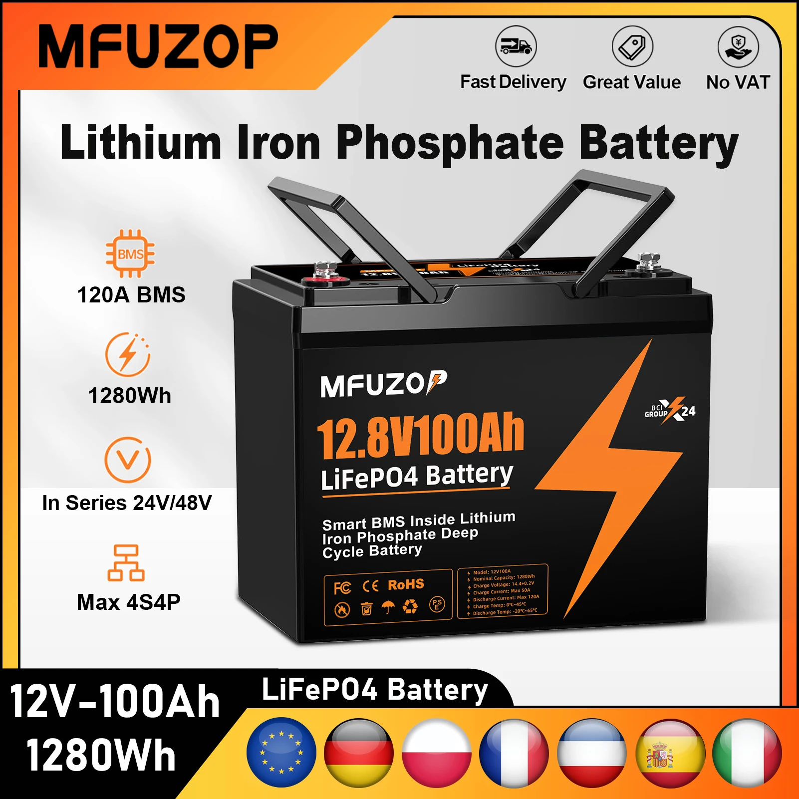 Batterie LiFePO4 MFUZOP 12V 100Ah portable rechargeable avec système BMS intelligent intégré, cycle profond 8000+ pour camping-car et solaire, sans TVA