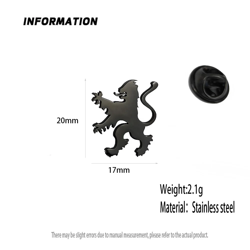 사자 금도금 스테인레스 스틸 배지, 정장 칼라 브로치, 실버 블랙 옷깃 핀, 남성용 드레스 액세서리