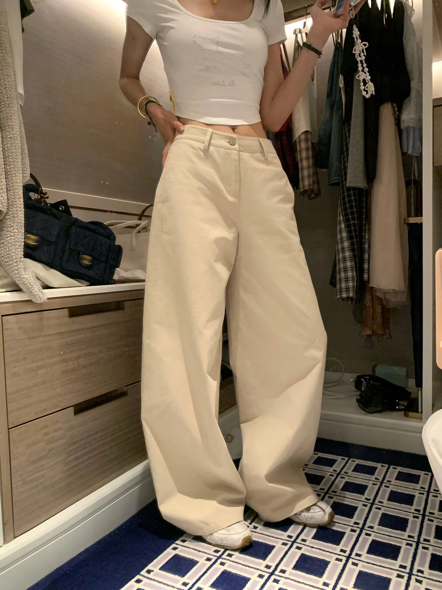 

Natural Waist Wide Leg Casual Pants Women's Spring Summer Loose Long Pants Korean Style Cotton Khaki Color Sand Washed Pants