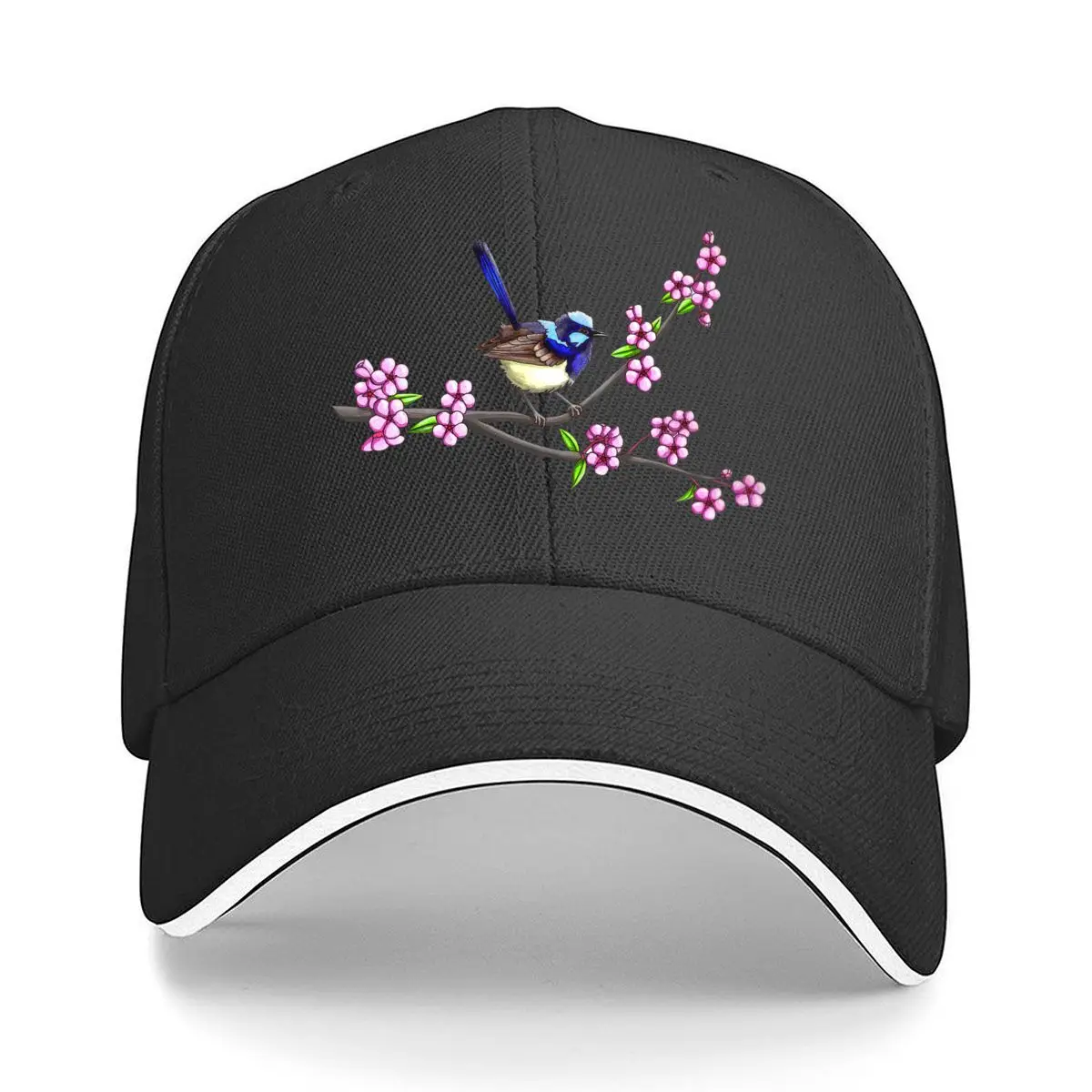 Blue Wren Bird Pink Flower Branch Sandwich Baseball Cap
