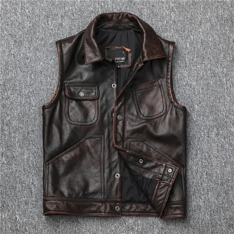 

LNY Shop Best,Genuine leather jacket,men cowhide vest.dark brown vintage motor biker vest,Oil wax leather slim vest,sales