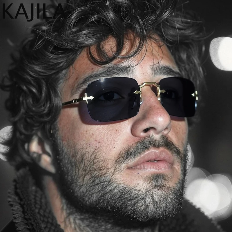 Small Frame Rectangle Rimless Punk Sunglasses Men 2025 Luxury Brand Vintage Metal Sun Glasses For Male Classic Shades UV400