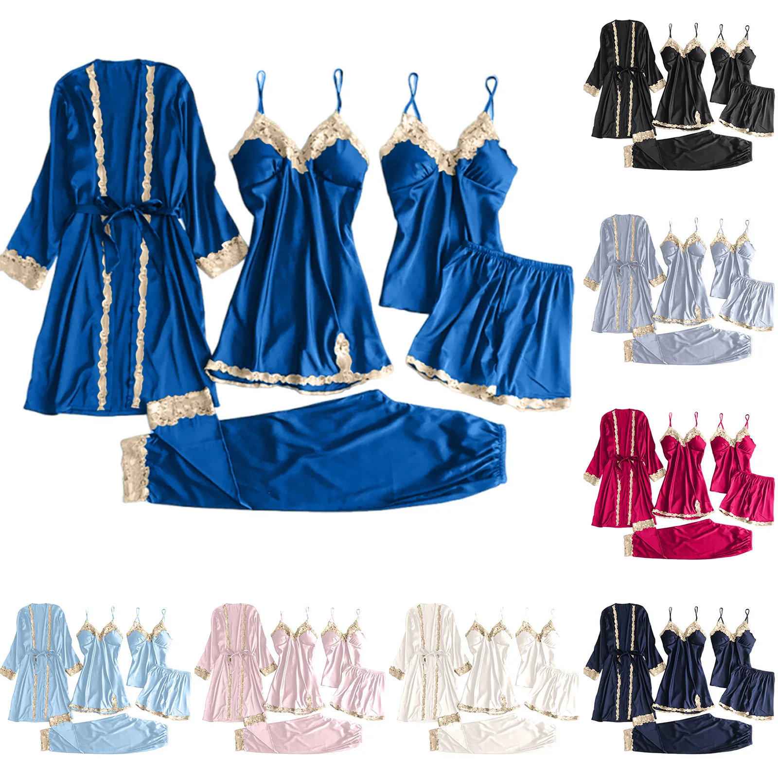 Conjunto de pijama clásico ligero de lujo para mujer, elegante adorno de encaje, decoración, camisón con tirantes, bata de noche suave y suave para mujer