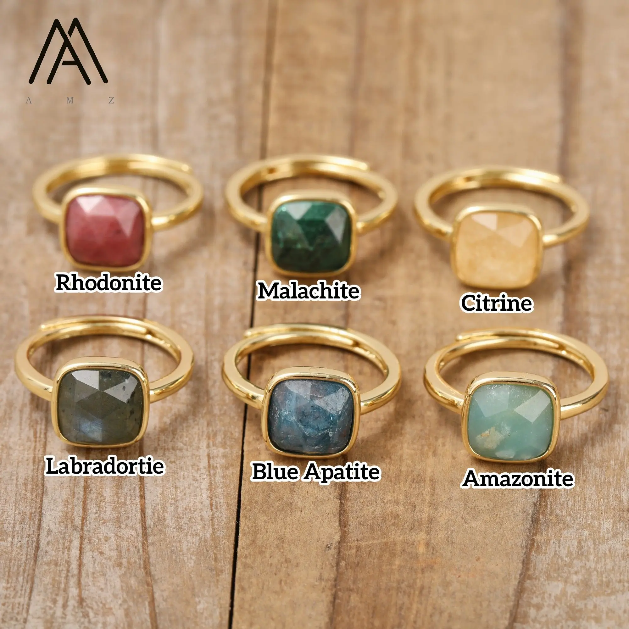 Crystal Rings Square Shape Natural Gemstone Labradorite Gold Open Adjustable Ring Fashion Gift