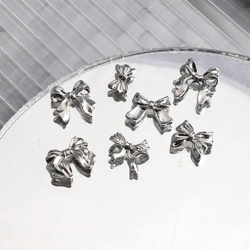 10Pcs New Popular Alloy Retro Sliver Metal Ribbon Bow Daily French Acrylic Princess Ballet Nail Art Decoration Accessories Charm