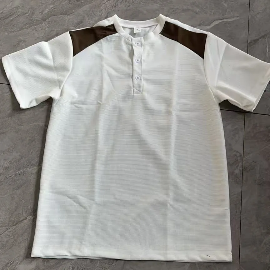 New Popular Henry Shirt Casual Breathable Buckle V-neck Color Matching Short-sleeved Men's T-shirt Top