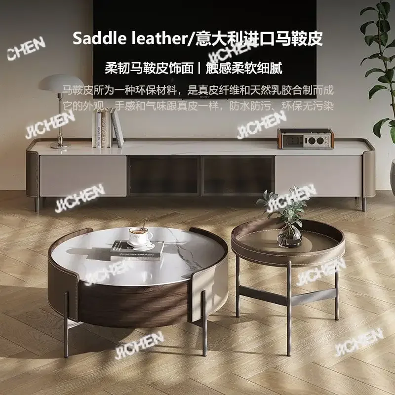 

ZKL Minimal Light Luxury Coffee Table Combination Solid Wood Saddle Leather Coffee Table TV Cabinet Combination, Small Apartment