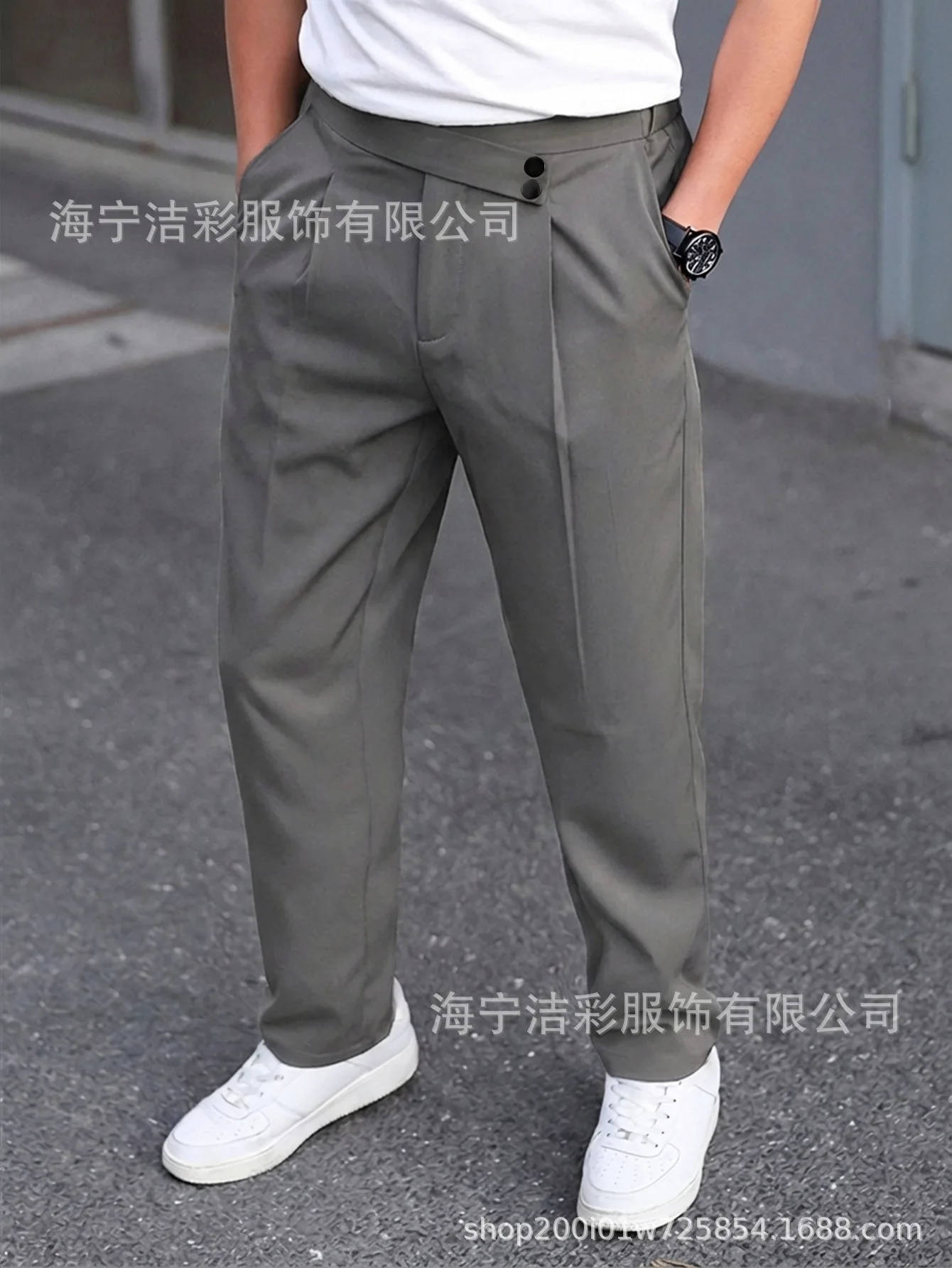 Italian Style Men Grey White Black Solid Color Button Pletaed Mid Waist Wide Leg Straight Simple Basic Casual Suit Trousers Male