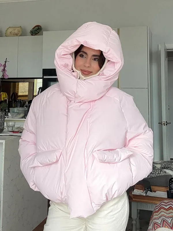 

Pink Collar Hoodie Cotton Jaet Bread Coat Women's Cotton Clothing Spring Autumn Faion Casual Outerwear Zipper Closure