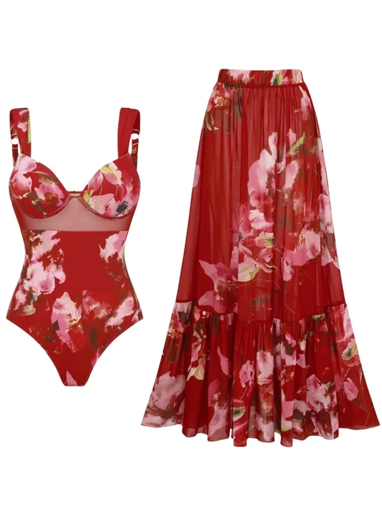 Retro Bikini Printed Fashion Two Piece Swimsuit And Cover Up With Skirt Tight Women's Bandage Summer Beach Luxury Elegant
