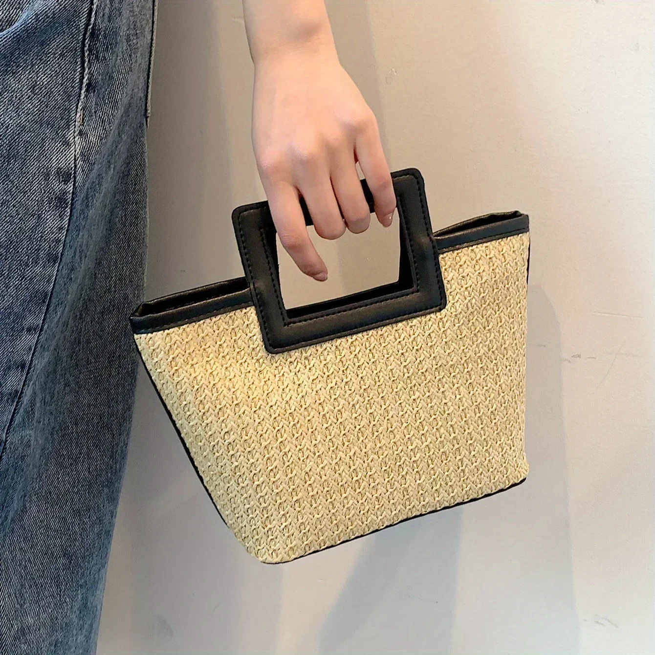 Gewebte Retro-Tasche, solide Sommer-Einkaufstasche, kontrastierende Strohhandtasche für Damen, Business/Arbeit/Büro/Festivals/Urlaub/Urlaub
