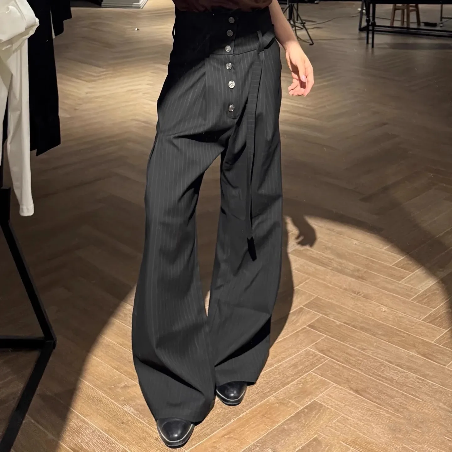 

2026 New Pleated Embroidery Striped Suit Pants High Waist Straight Trousers With Kendo Strap Draped Casual Long Pants For Women