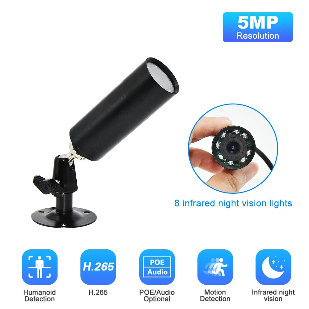 Mini Câmera IP com Visão Noturna, Câmeras Onvif, Vigilância de Segurança, Pequena Câmera IP, Bullet Metal, 5MP, P2P, Lens 3,6mm, Casa