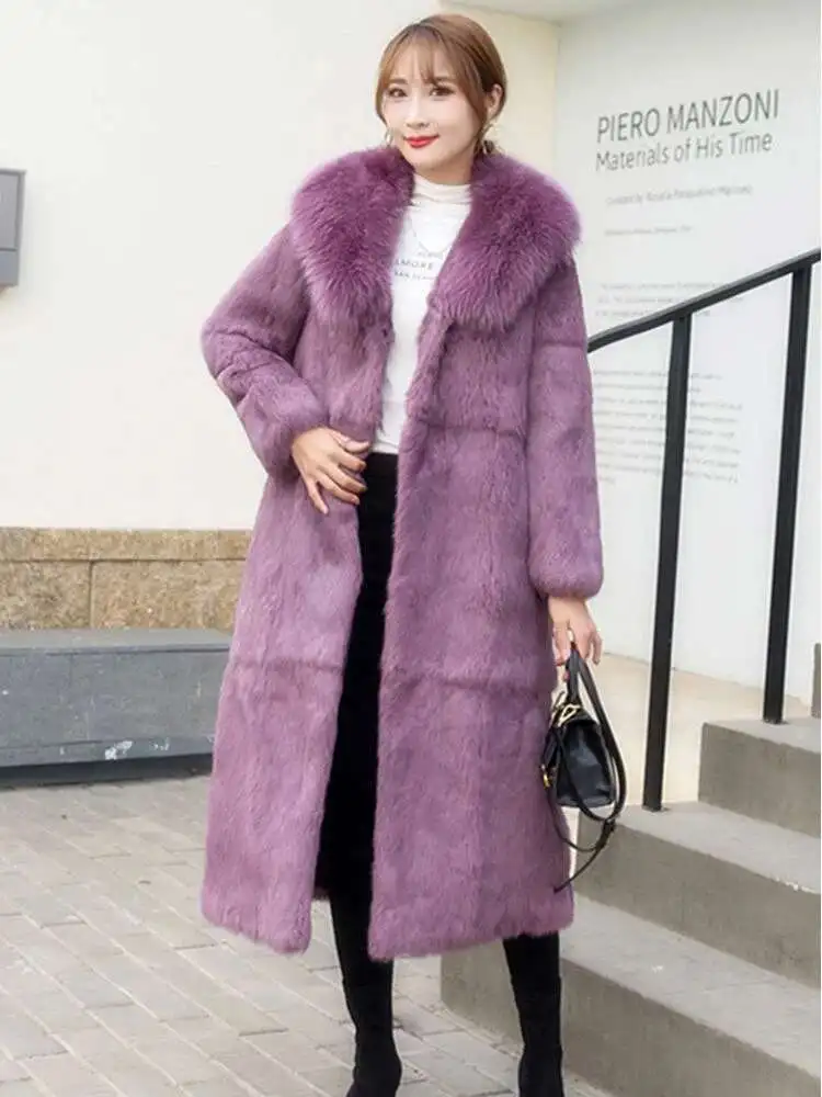 Winter Konijn Echte Bontjas Vrouwen Vossenbont Kraag Lange Jas Natuurlijke Harige Pluizige Pelt Plus Size Mode Luxe Vrouw Kleding