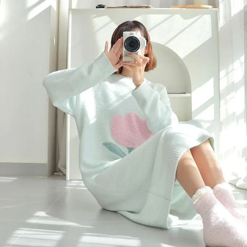 

Новая теплая ночная сорочка из кораллового флиса для женщин, домашняя одежда на весну-зиму, длинное милое утепленное платье с длинными рукавами, пижама, ночнушка