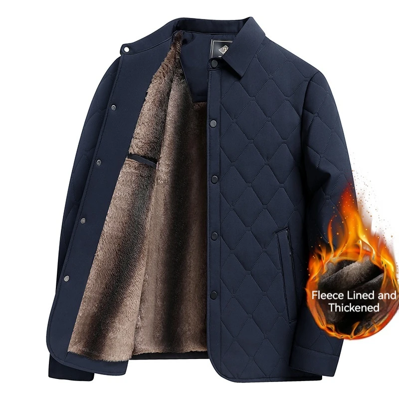

2025 New Men's Winter Cotton Padded Jacket Lightweight Fleece Lined, Diamond Quilted Shirt Style Coat