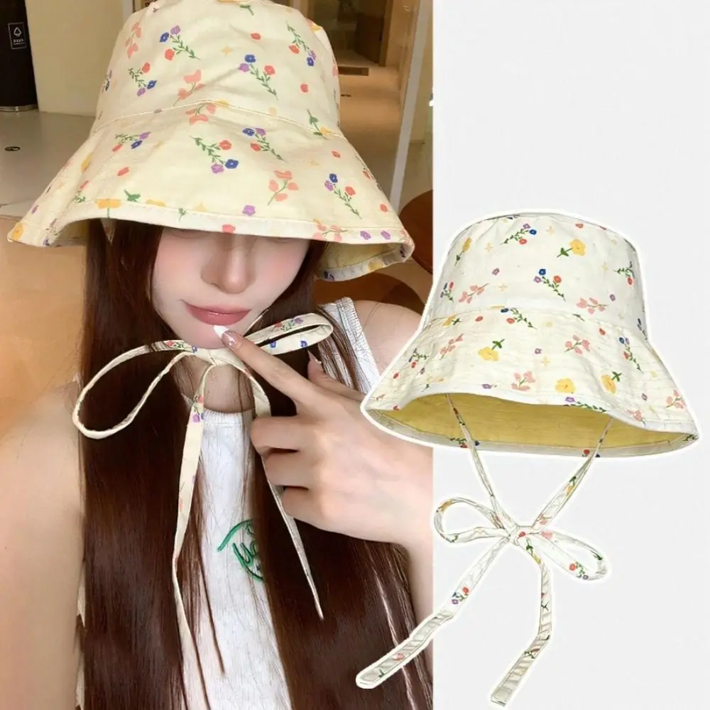 

Floral Print Panama Bucket Hats Double Sided Reversible Women Fisherman Hat Cute Sweet Large Brim Summer Sun Hats Female Girls