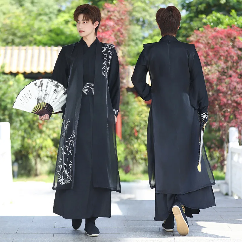 

Plus Size 3XL Hanfu Men Ancient Chinese Hanfu Black Sets Traditional Han Dynasty Swordsman Folk Dress Halloween Cosplay Outfit