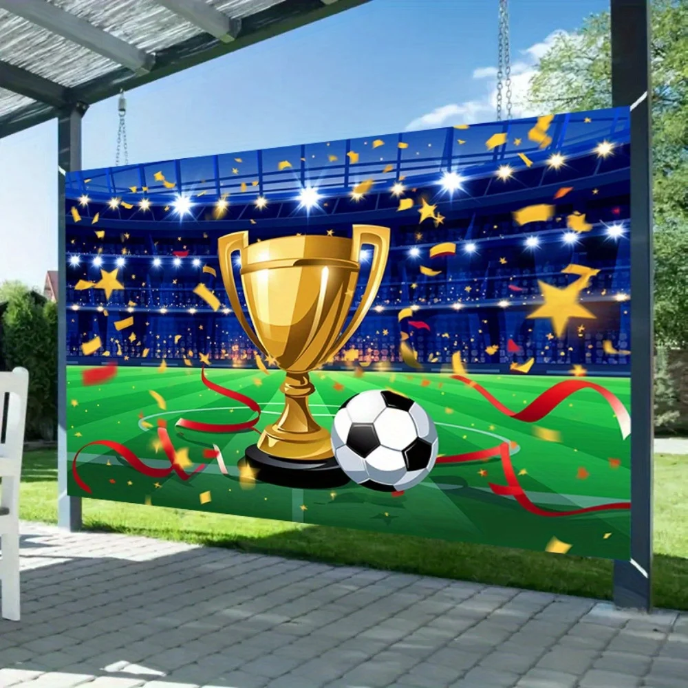 Soccer Trophy Celebration Tapestry Golden Cup Football Field Victory Banner